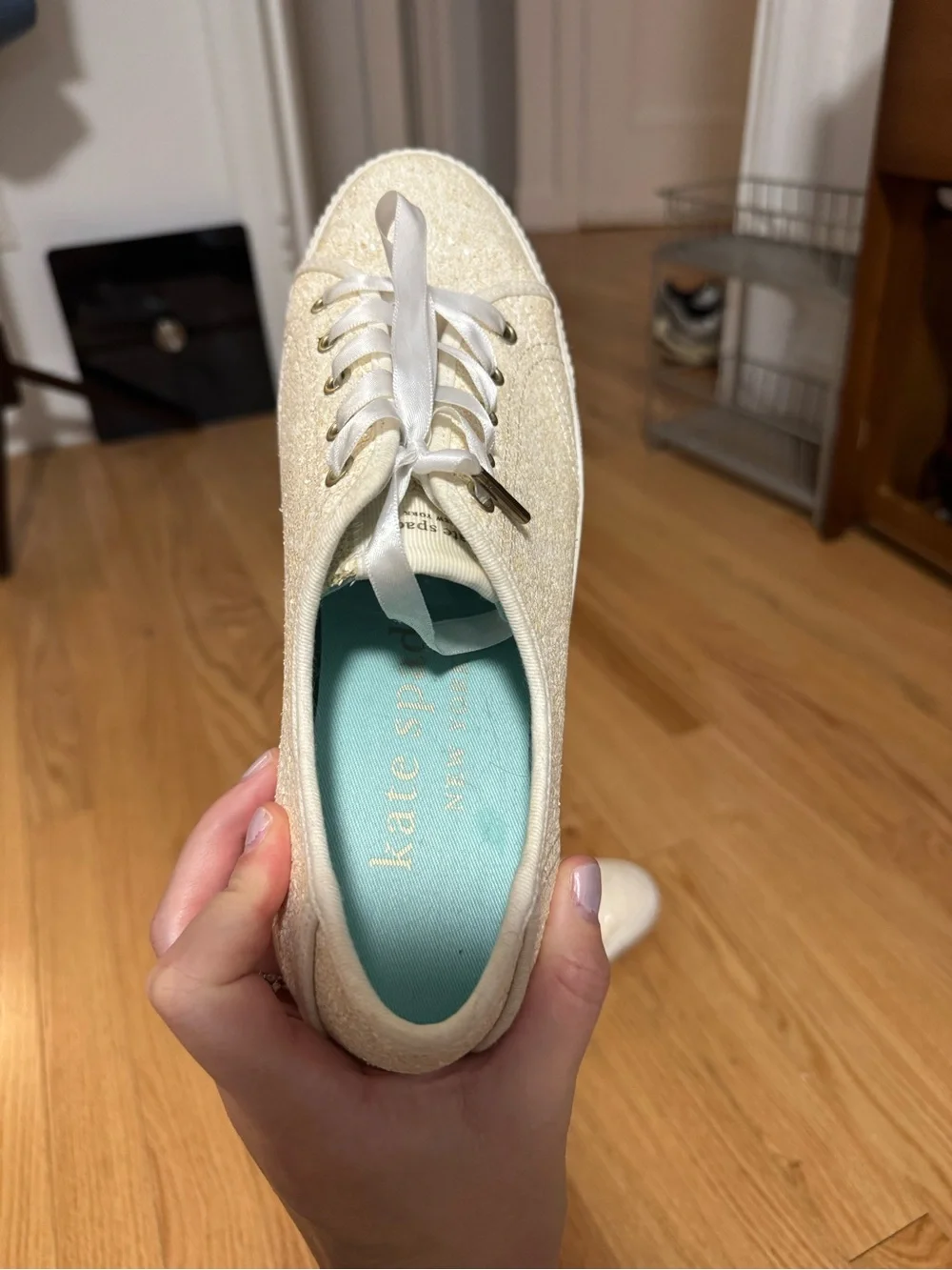 kate spade Cream Glitter Low-Top Sneakers with Turquoise Lining